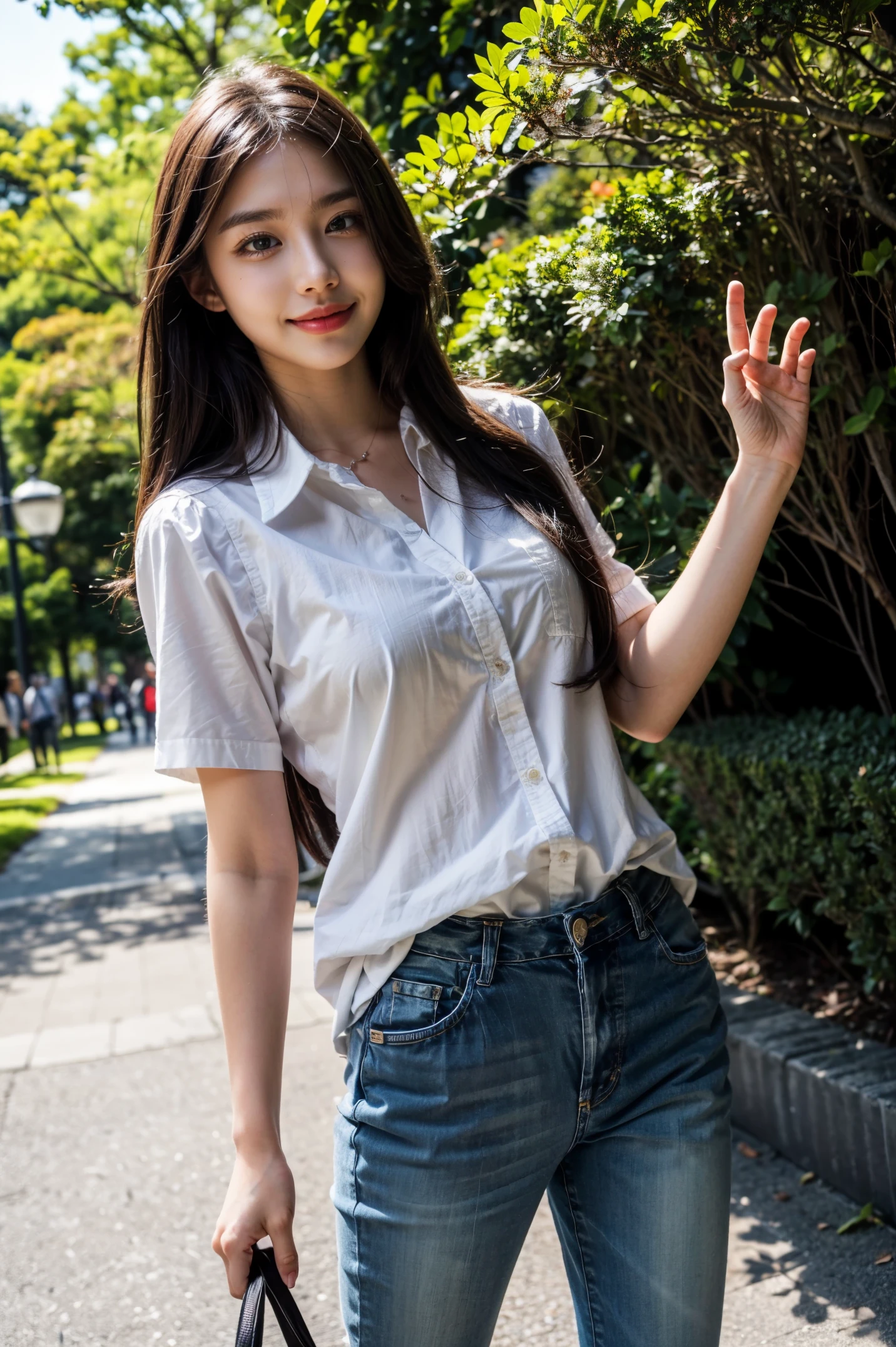 best quality, masterpiece, official art, professional, Astonishing, Very detailed, Very detailed, fine details, Super detailed, 8k wallpaper, high resolution, (actual, photo-actual:1.4), original photo, whole body, Beautiful campus goddess, pure, confident, friendly, long black hair. Wearing a white shirt and dark jeans. She walked gracefully on the campus path, confidently greeting the people around her. sunlight streaming through the leaves onto her, Create a warm and romantic atmosphere with soft lighting