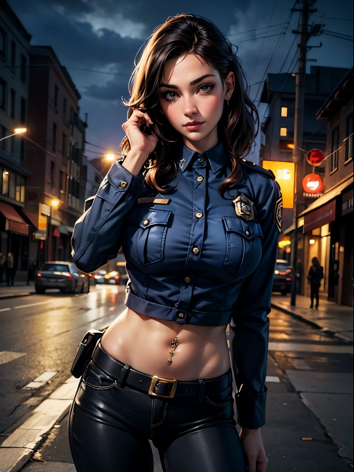 Sexy police girl named emma, standing on street road, wearing police uniform, sexy police girl on road, sexy, beautiful girl, pretty face, beautiful face, wearing American police dress, big breasts, realistic, photorealistc, high quality, 4k, detailed face, ultra realistic, High quality: 1.9, detailed eyes, stylish pose, sexy pose, photography, photoshoot, ((navel piercing))