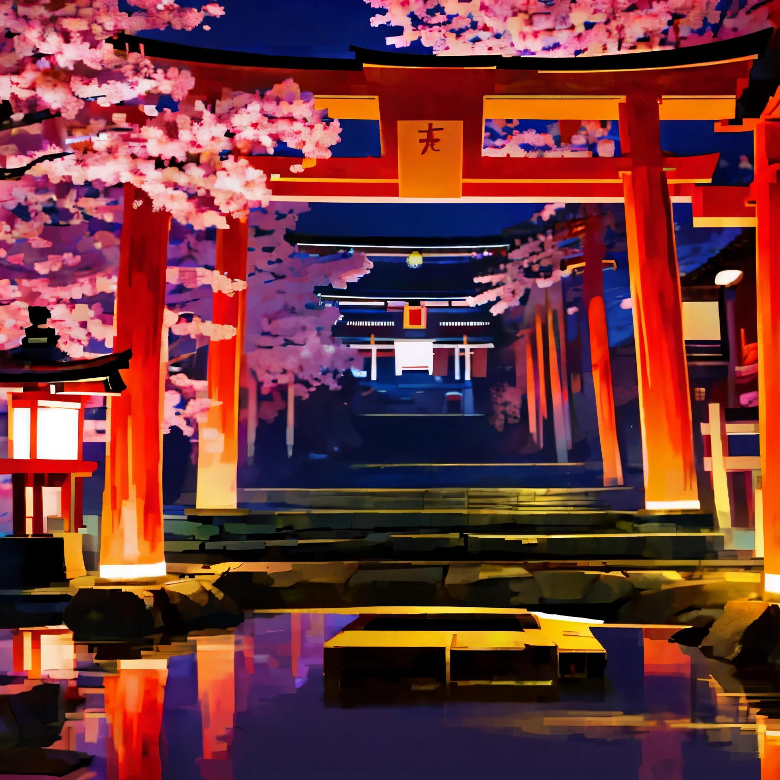 sakura, torii, gokusaishiki, old japanese town, dark night, red