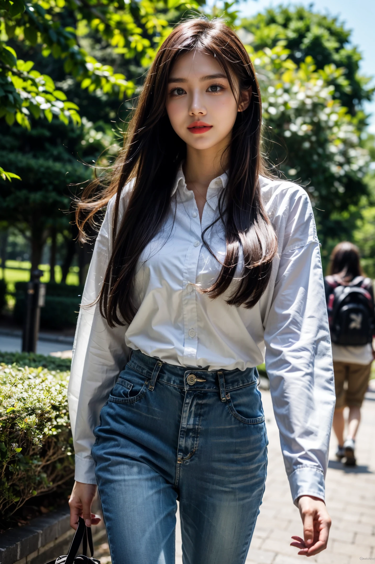 best quality, masterpiece, official art, professional, Astonishing, Very detailed, Very detailed, fine details, Super detailed, 8k wallpaper, high resolution, (actual, photo-actual:1.4), original photo, whole body, Beautiful campus goddess, pure, confident, friendly, long black hair. Wearing a white shirt and dark jeans. She walked gracefully on the campus path, confidently greeting the people around her. sunlight streaming through the leaves onto her, Create a warm and romantic atmosphere with soft lighting