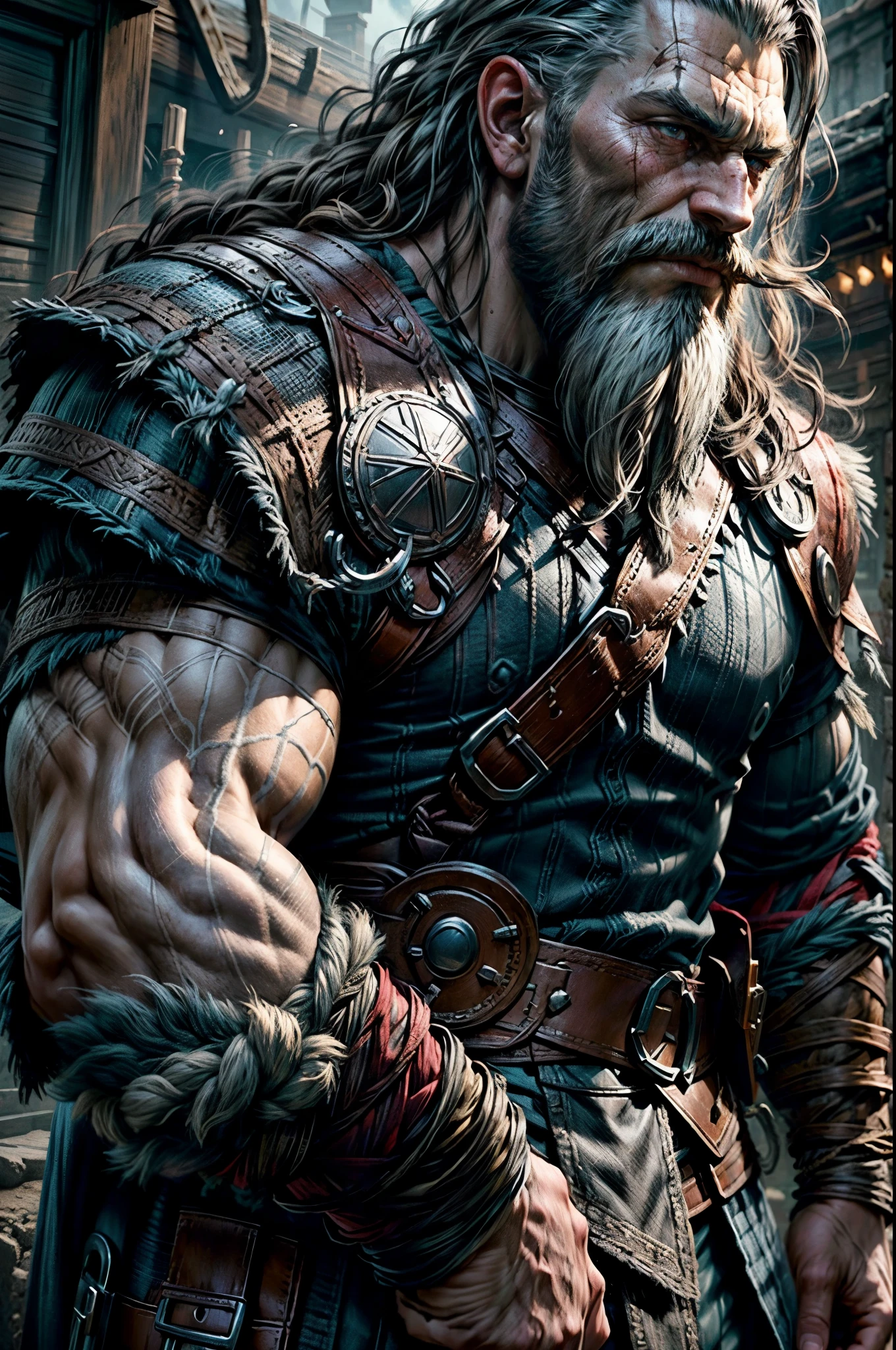 "Thor" de God of War Ragnarok, Con barba y bigote, mostrando solo el rostro, Ojos derechos y detallados, Rostro detallado, Estilo de Greg Rutkowski, Maximum quality and maximum details.