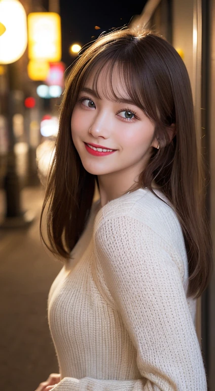 highest quality, chiffre, super detailed, finement, high resolution, Fond d' ; 8k screen, beaux et beaux yeux, Winter Dress,cheveux moyens, petits seins, Natural colored lips, Random calm poses, sourire, grande ville, fille de 20 ans, minuit, beautiful and detailed face, Visage parfait et beau, Gros yeux