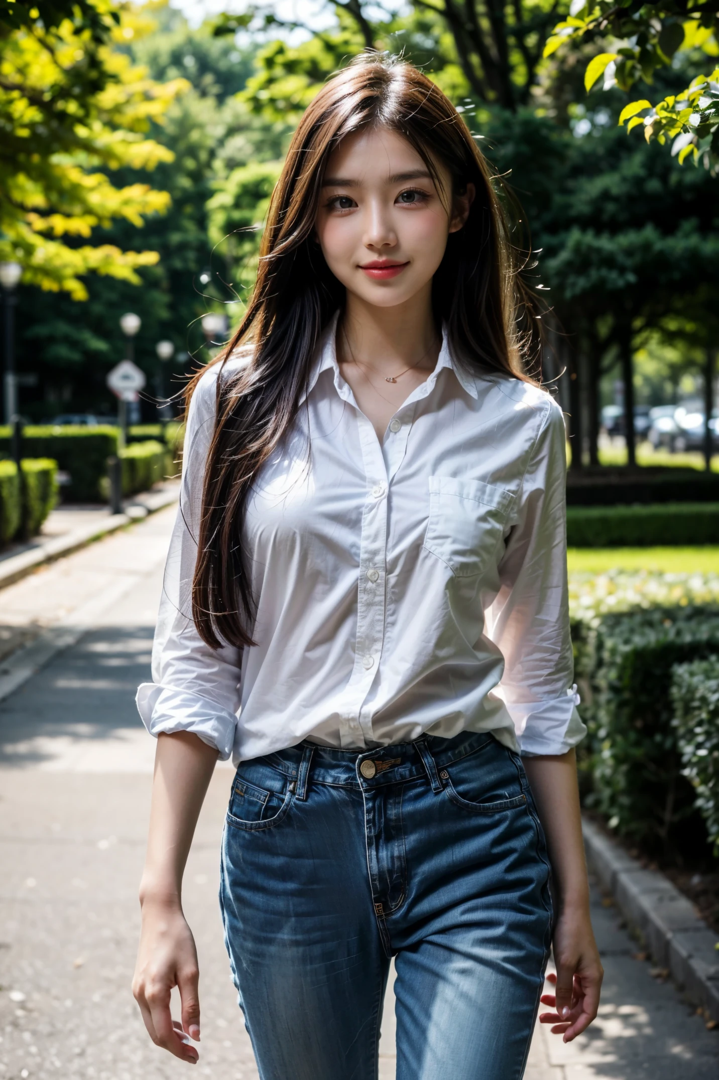 best quality, masterpiece, official art, professional, Astonishing, Very detailed, Very detailed, fine details, Super detailed, 8k wallpaper, high resolution, (actual, photo-actual:1.4), original photo, whole body, Beautiful campus goddess, pure, confident, friendly, long black hair. Wearing a white shirt and dark jeans. She walked gracefully on the campus path, confidently greeting the people around her. sunlight streaming through the leaves onto her, Create a warm and romantic atmosphere with soft lighting
