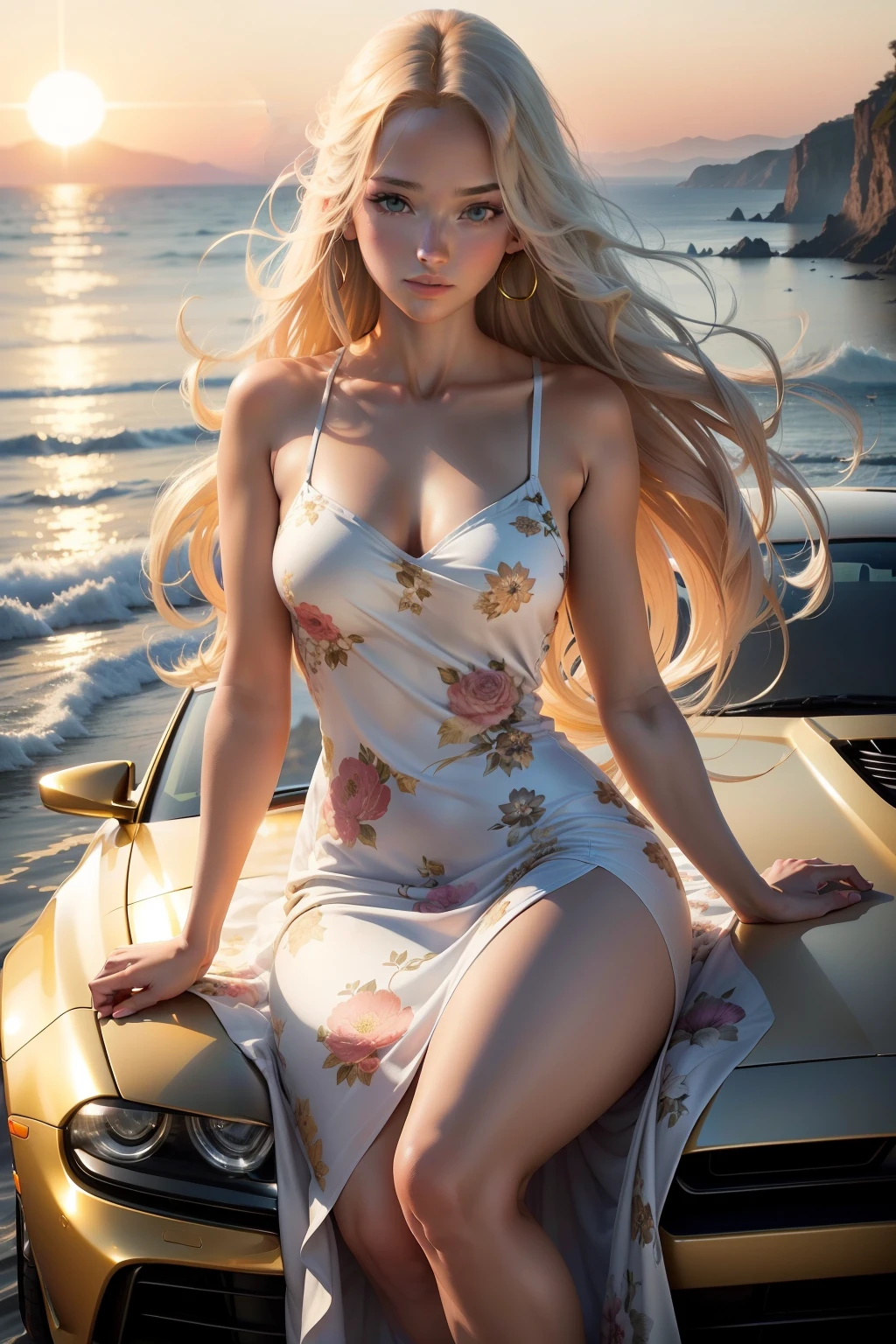 A stunningly beautiful girl sits gracefully on the sleek, shiny car hood, her long, flowing blonde hair catching the wind. She wears a sun dress with delicate floral patterns, and her bright, blue eyes are fixed on the horizon with a look of wonder and excitement. The sun sets behind her, casting a warm, golden glow over her radiant figure, creating a breathtaking scene of beauty and tranquility.
