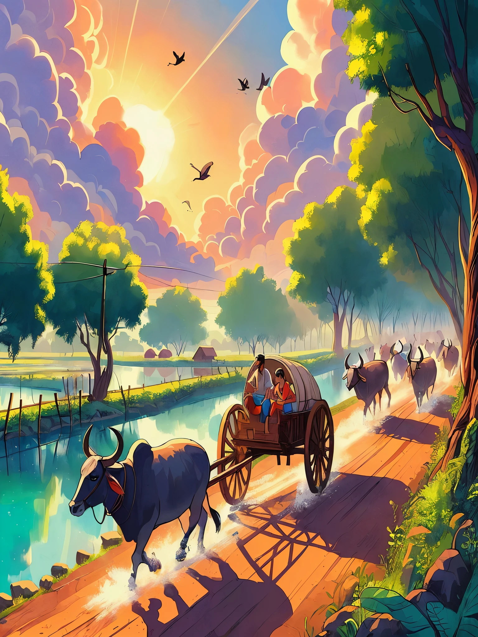 Draw an anime simple aerial art bullock cart race in pond in indian village, extremely cheerful, trees, shade, clouds, vibrant sky, beautiful color palette, vibrant saturated colors, no human