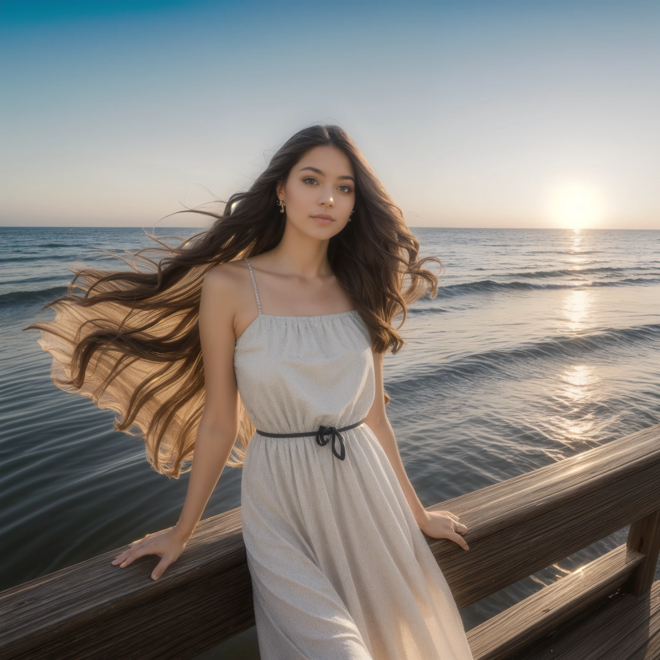 1 girl,kawaii,Detailed face,looking at the audience,focus,masterpiece,best quality, high resolution,8k,complex,elegant,Very detailed,Dynamic lightingBREAKLong hair flows elegantly in the gentle sea breeze,The fading sunlight casts warmth, The ethereal light in the scene. She wears a flowing, Light-colored dress that flutters in the wind. Waves in the background gently kiss the shore, There is a sense of tranquility in the air. The overall atmosphere should evoke a sense of serenity and beauty