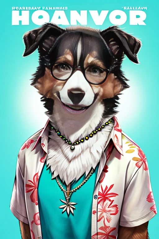  Collie dog magazine cover with Hawaiian floral style open unbuttoned t-shirt, wearing seed necklace around neck, wearing 3-glasses art fold, melhor qualidade, , ar livre, 