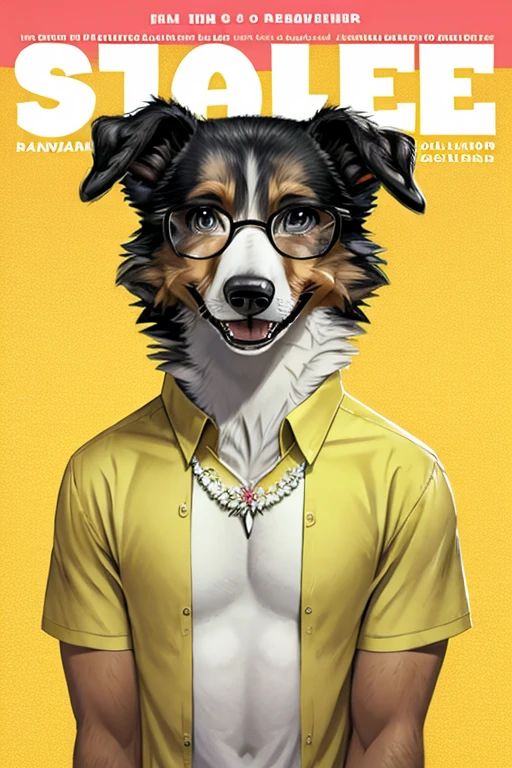  Collie dog magazine cover with Hawaiian floral style open unbuttoned t-shirt, wearing seed necklace around neck, wearing 3-glasses art fold, melhor qualidade, , ar livre, 