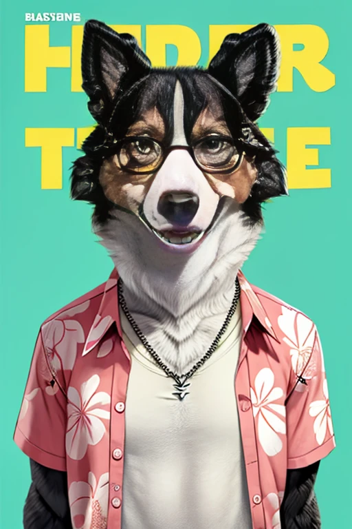  Collie dog magazine cover with Hawaiian floral style open unbuttoned t-shirt, wearing seed necklace around neck, wearing 3-glasses art fold, melhor qualidade, , ar livre, 