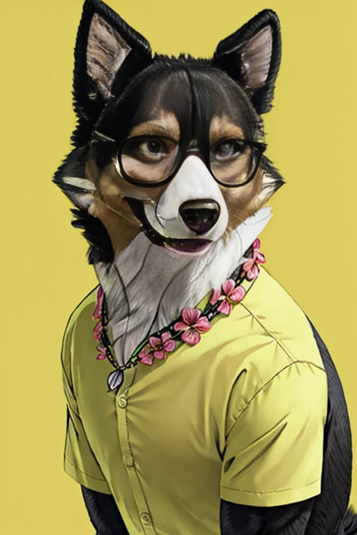  Collie dog magazine cover with Hawaiian floral style open unbuttoned t-shirt, wearing seed necklace around neck, wearing 3-glasses art fold, melhor qualidade, , ar livre, 