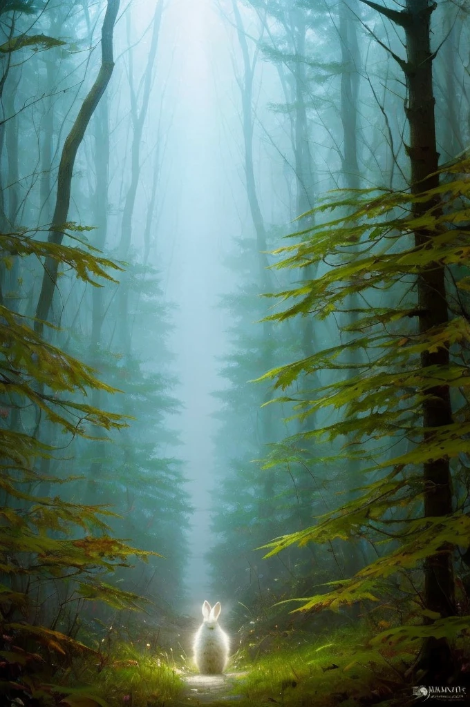 Close-up photo of a white rabbit in the Enchanted Forest，deep in the night，In the forest, glowworm，volume fog，Halo，blooms,Dramatic atmosphere，at centre，the rule of thirds