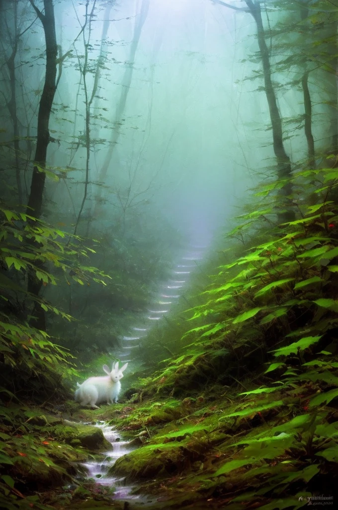 Close-up photo of a white rabbit in the Enchanted Forest，deep in the night，In the forest, glowworm，volume fog，Halo，blooms,Dramatic atmosphere，at centre，the rule of thirds