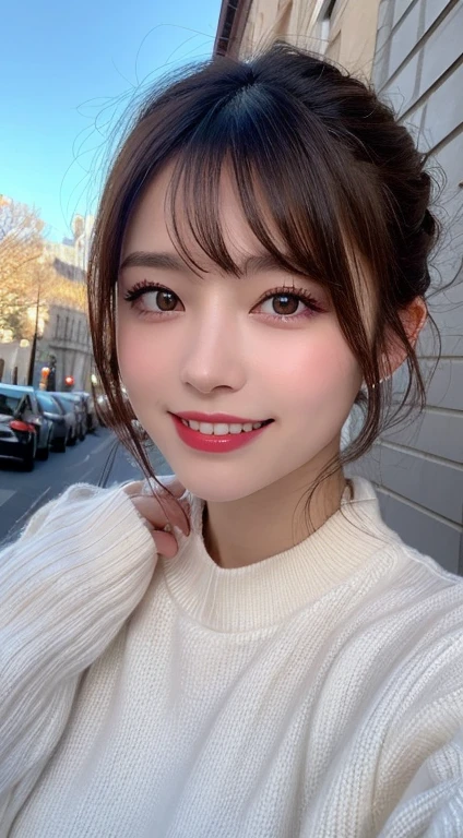 highest quality, chiffre, super detailed, finement, high resolution, Fond d&#39 ; 8k screen, beaux et beaux yeux, Winter Dress,cheveux moyens, petits seins, Natural colored lips, Random calm poses, sourire, grande ville, fille de 20 ans, minuit, beautiful and detailed face, Visage parfait et beau, Gros yeux, theme  fleur de printemps