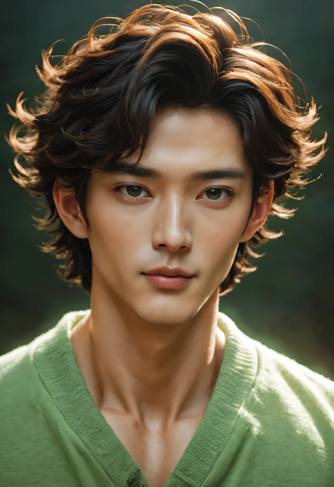 (male character design), Half-length close-up, Staring at the camera,
(Handsome Chinese boy Song Yu looks at the camera), (thick curly short hair: 1.1), (curls), (Wearing a modern and fashionable light green high-end cardigan), Song Yu&#39;s facial features are correct, His face is symmetrical, His eyebrows are long and thick, slightly upward, His eyes were bright and vibrant, Revealing a kind of wisdom and agility, His nose is straight but not prominent, His lips were rosy and full, his lips are slightly upward, His lips were rosy and full,, His smile is bright and natural, His skin is as delicate as rose petals, perfect as a sculpture. Song Yi’s skin is fair and delicate, Smooth as white jade，No wrinkles. Skin exudes a healthy glow, Gives people a fresh and pure feeling. His cheeks flushed slightly, With a hint of astringency and lovely temptation,
HD, high quality, HD Analysis, 32k, Surrealism,