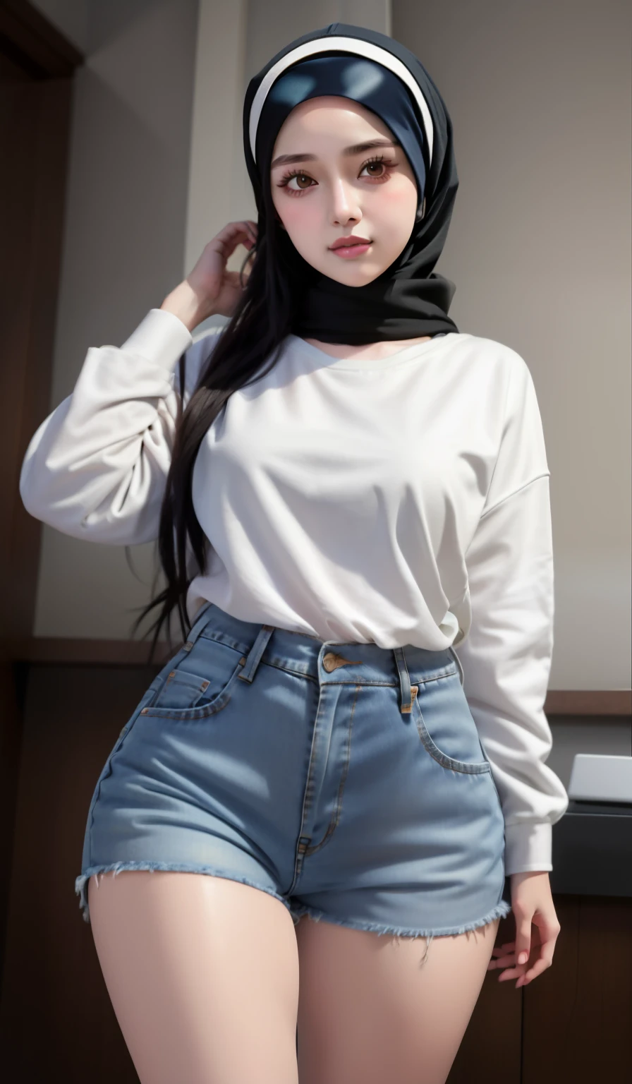 a close up of a woman wearing a hijab and jeans shorts, casual clothing, casual clothes, casual clothing style, wearing casual clothes, wearing casual clothing, casual modern clothing, simple clothes, skinny waist and thick hips, wearing tight simple clothes, modern casual clothing, cute casual streetwear, long shirt, thicc, she is wearing streetwear, normal clothes, ulzzang