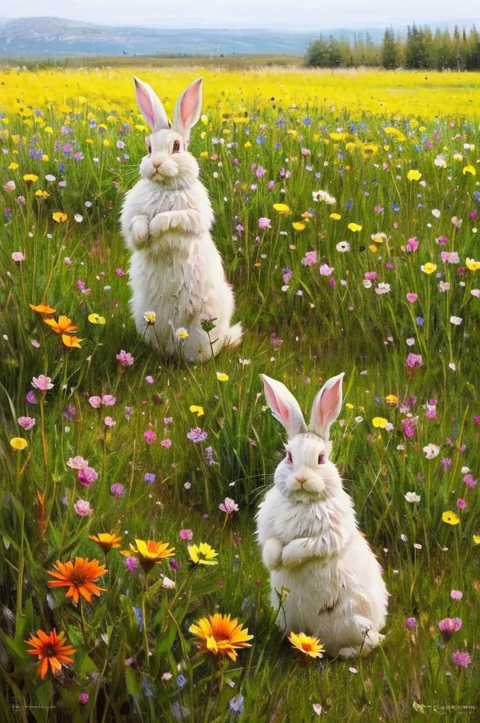 Easter  equipped with a camera in a meadow full of flowers, Warm Light

