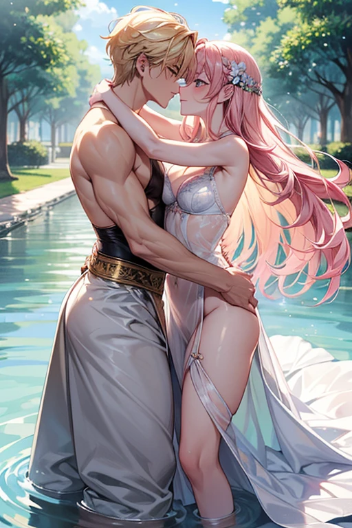 kiss、couple、Lovers、romance、Overflowing、Full body painting、exposed chest、Sheer lace underwear、Underwear to take off、、nippleンクnipple、pink areola、clitotween soupleポーズ,tractive pose, kissing together cutely, passionate pose, 素敵なcouple, 1 male,(blonde hair, gold eyes、expensive、190 cm、manly、Handsome guy、beautiful shape、best style、Beautiful prince,strong body、sexy costume、expensive、Wet goopen chest、flowing)、1 female(pink hair,straight long hair、pink eyes、cute big eyes,優しいlaughter、flowers in hair、petite、huge tit、best style、perfect style、riseut your arms around your waist、hug、Grabbing the waist、araffe woman in a white lingerie posing for a picture, lingeries beauty, wearing sexy lingerie, , translucent dress, slucent body, iridescent shiny sheer lingerie, sexy dress, wavy lingeries, smooth clearte skin, lingerie, beautiful sexy woman photo, sexy style, Lovely lady, Tparent Dress, V-chopen clothes, young graceful、squirt、splash water、Izumi, In the park on a sunny daght sunny day、bright sunny summer day,blue sky、shine、about、shine湖、clear water、Bright sunshine、colorful flowers、surrounded by flowers、close contact、laughter、slight smile、gentle eyes