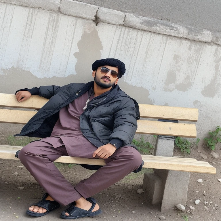 araffe sitting on a bench in front of a wall, an afghan male type, khyzyl saleem, ash thorp khyzyl saleem, around 1 9 years old, high quality upload, very very low quality picture, riyahd cassiem, sayem reza, sitting on bench, sitting on a bench, kyza saleem