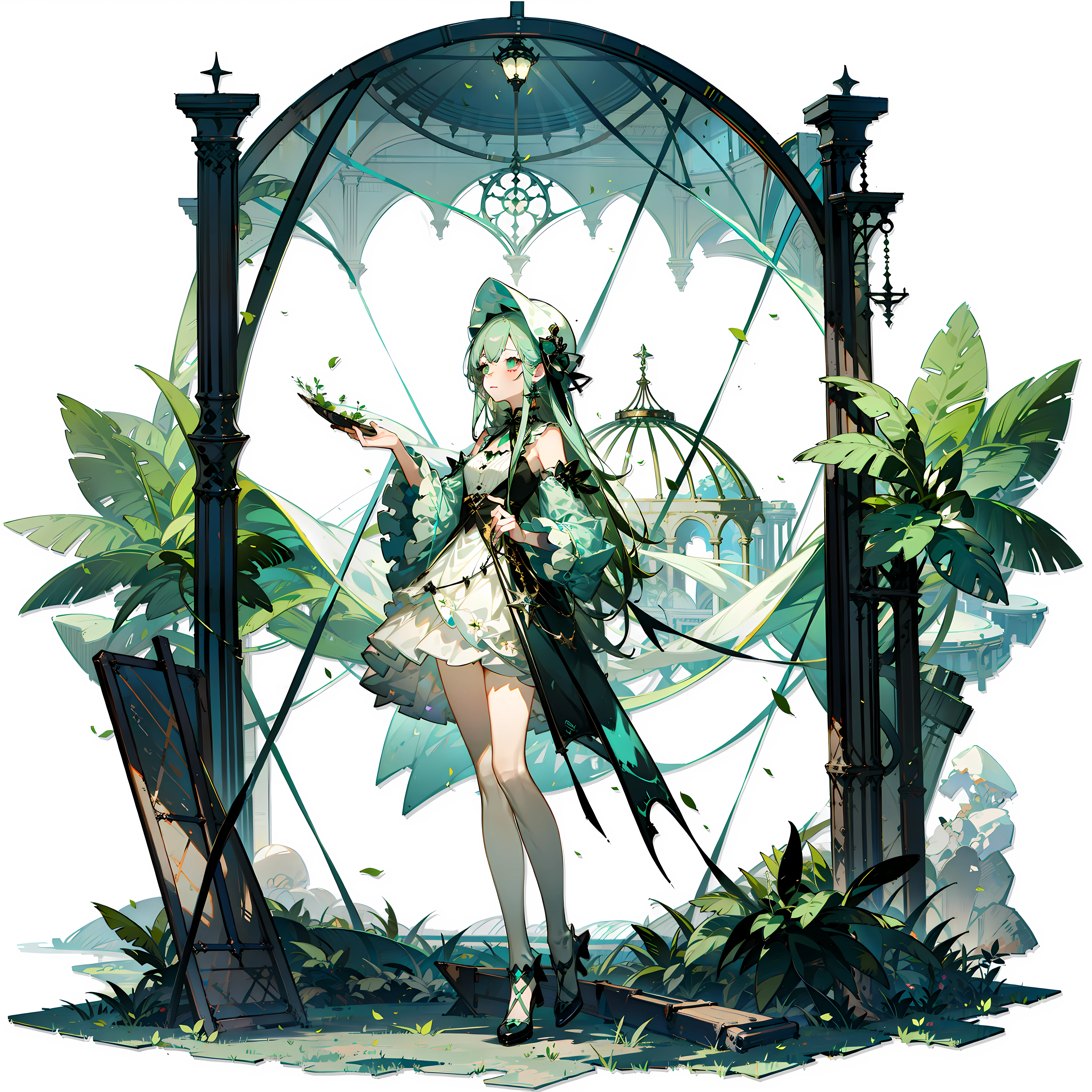 masterpiece,best quality, (white background:1.5) 1girl, far shot, full body, green circle, fairy, fantasy, magic, green leafs, dome,standing, clear face,