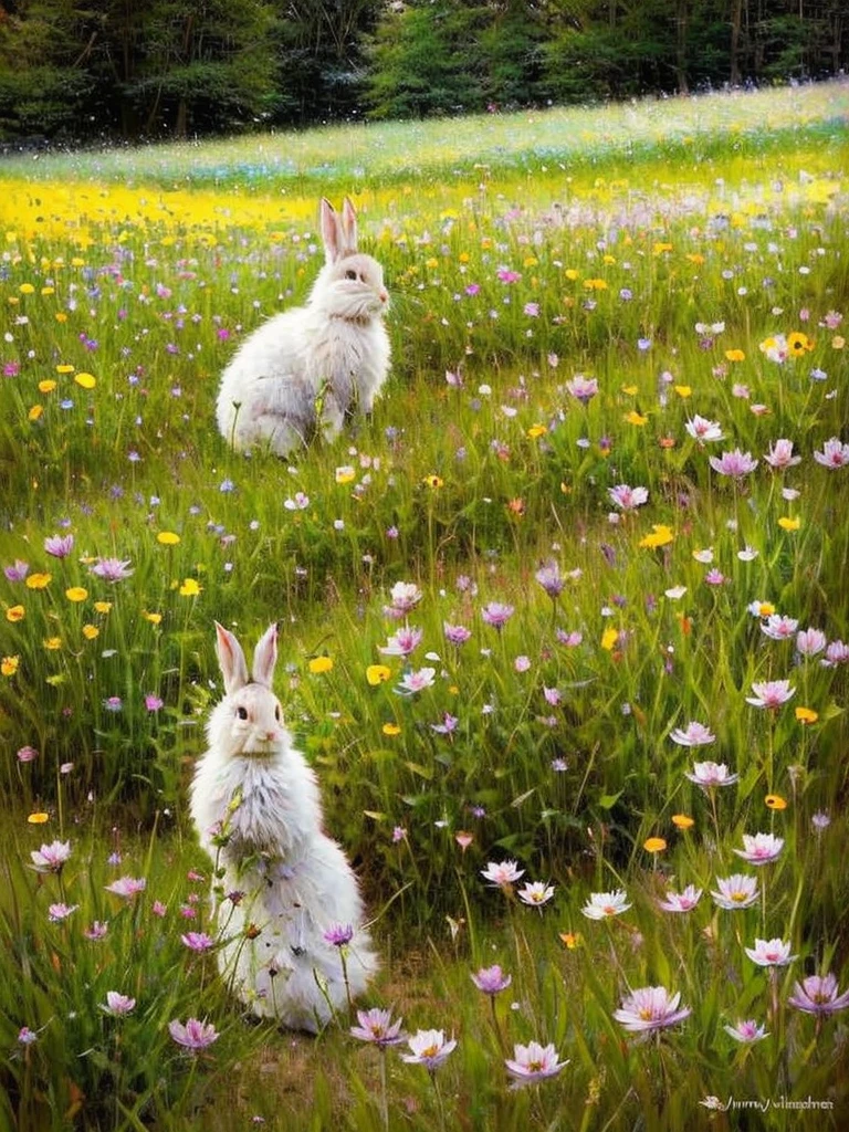 One Easter Bunny looking straight at the camera in a meadow full of flowers, Warm Light