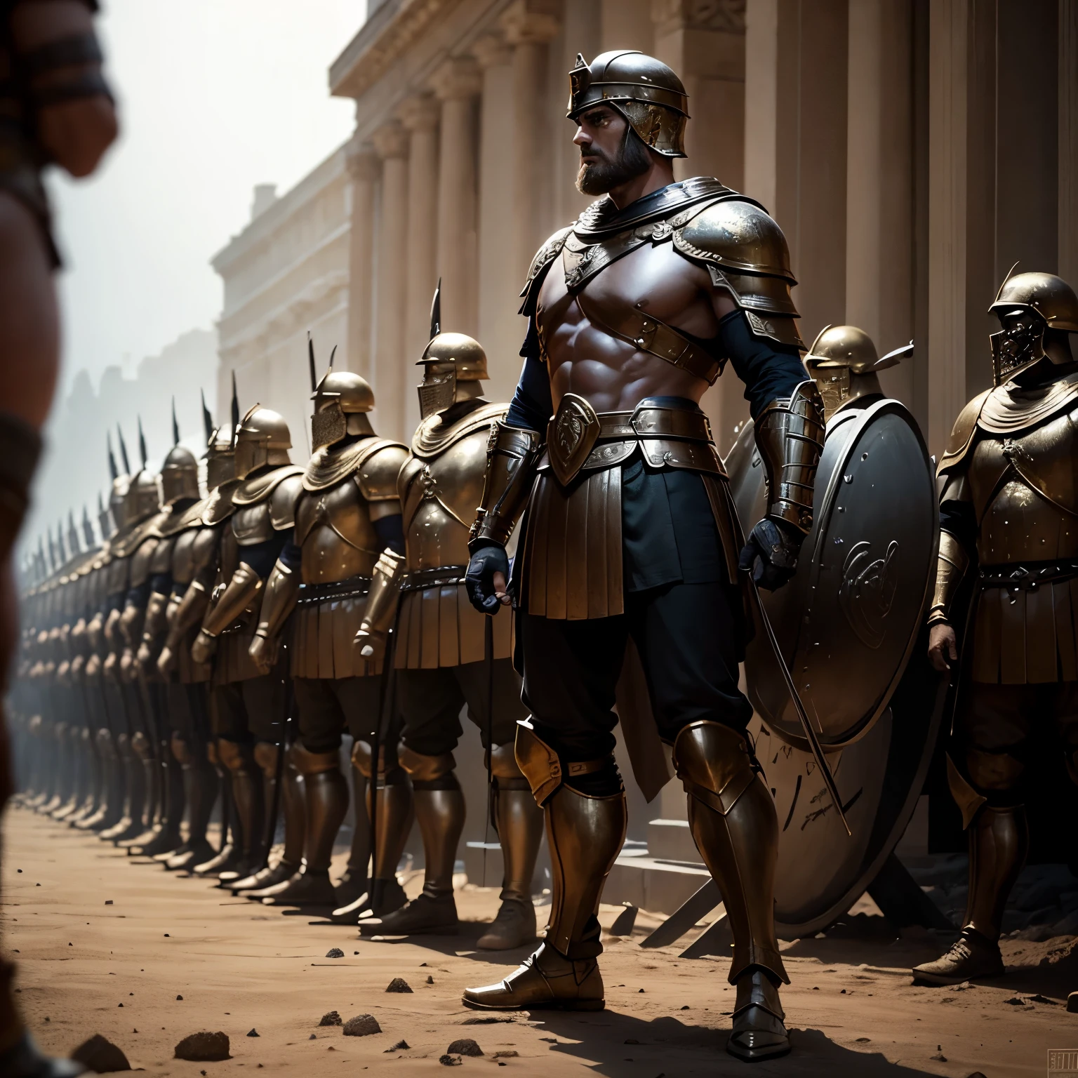 The Spartan army is preparing ahead of battle. Leonidas is giving command to his soldiers., (background: Standing in front of numerous Spartan soldiers), high detail, conceptual art, cinematic lighting, ultra-wide angle, Hasselblad, UHD, masterpiece, anatomically correct, super detail, best quality, 1080p, 4K