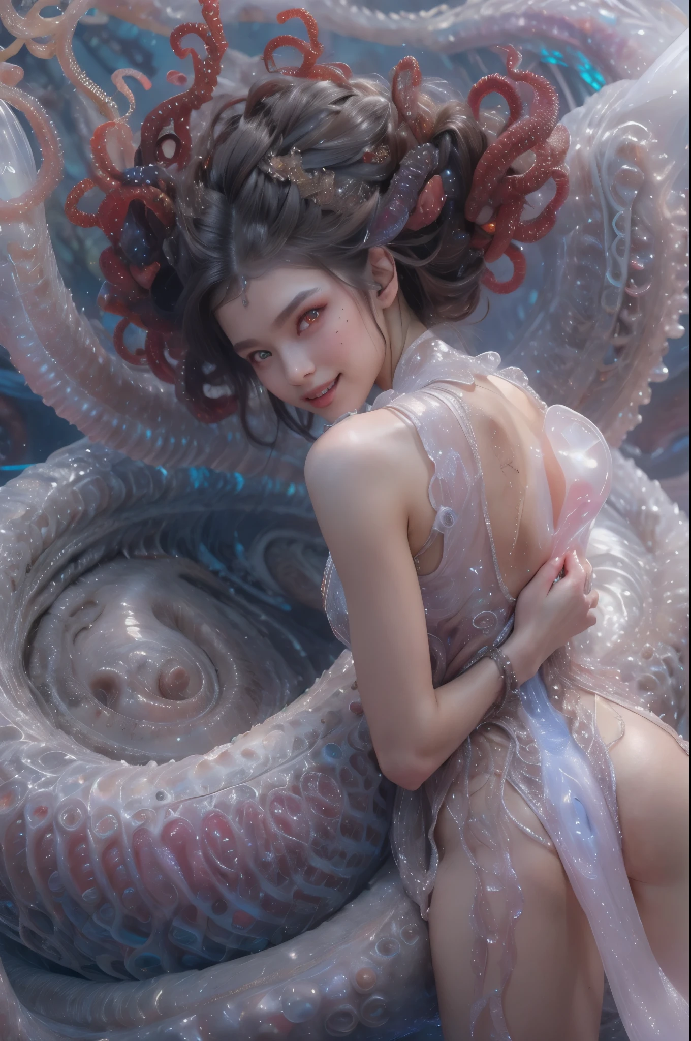 scary and sexy detailed art in color, Portrait, (beautiful and obscene female alien:1.4), (vulgarity1.7), (she has red eyes with no pupils:1.8), (Translucent white skin:1.7), (There is a female genital-like organ in the middle of the forehead:1.9), (The most beautiful face in the history of the universe:1.2),an evil gaze that seduces, (large mouth:1.1), (sharp teeth like a vampire:1.2), Full body portrait, (bio luminescent:1.5), (Smile wickedly:1.3), (sexypose:1.5), alien, No humans, cells are fused, (Lots of translucent tentacles:1.3) extraterrestrial, cell, bio image, best quality, 8K, In 4K_quality, High freshness, Dramatic Lighting, masutepiece:1.5,cinematic quality, detail up, (exquisite details:1.2), high resolution, High freshness, drawing faithfully, (Thick eyebrows:1.2), Beautiful eyes with fine symmetry,(Highly detailed face and eyes:1.2), Intimate face, (Super detailed skin quality feeling:1.4), perfect anatomy, (Beautiful toned body:1.5), (Moist skin:1.2), not wearing makeup, (dark circles:1.1), long canines, cinematic drawing of characters, ultra high quality model, cinematic quality, detail up, (exquisite details:1.2), high resolution, High freshness, drawing faithfully, official art, Unity 8K Wall paper, best quality, Very high resolution, ultra detailed artistic photography, midnight aura, unreal engine 5, Ultra Sharp Focus, art by Amano Yoshitaka, ArtGerm, Roisch, intricate artwork, best quality, masterpiece, ultra high resolution, (photos realistic:1.4), ultra realistic realism, dream-like, nautilus, Creation of fantasy, Snail, Dream Snail, (biopunk nautilus:1.3),Thrilling color schemes, ultra realistic realism, seductively smiling, Blue tentacles, Amazing mutation, well-proportioned body, goddess of the deep sea