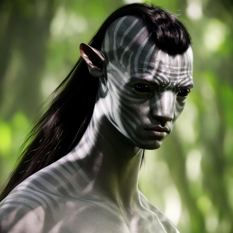 avtr:0.9, avatar style, portrait photo:1.6, man, male, (asian, indonesian, thai), gray skin color:1.0, (gray skin tone:1.3), mohawk hairstyle, (long hair:1.0), black hair color, adult, (35 years old:1), wearing tribal clothing, wearing a loincloth, detailed eyes, toned body, muscled body, glowing, ethereal atmosphere, natural lighting, textured skin, otherworldly beauty, mesmerizing photography, (best quality, highres), vivid colors, ultrarealistic, skin details, striped skin, sfw, face close-up, (eyebrowless:1.0), ultradetailed body