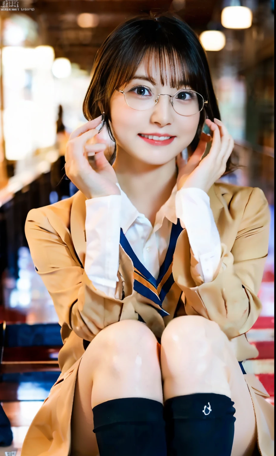 ulzzang-6500-v1.1, (Raw photo:1.2), (Photorealistic:1.4), Beautiful detailed girl, Very detailed eyes and face, Beautiful detailed eyes, Ridiculous, Incredibly ridiculous, Huge file size, Ultra detailed, High Definition, Very detailed, Best quality, Masterpiece, Kemomimi, ((Japan Girls' High School Uniform)), Illustration, Very detailed, CG, Unification, 8k wallpaper, amazing, fine detail, masterpiece, best quality, highly detailed cg uniform 8k wallpaper, face light, movie lighting, 1 girl, , (without panties)), (with glasses), (dynamic pose))), (camel toe), (half), (bent knees and legs sitting)), pigtails,