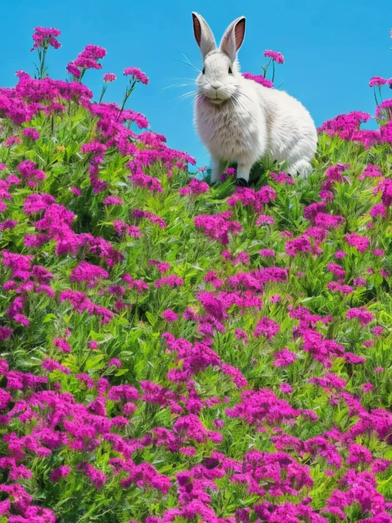 One Rabbit looking straight at the camera in a meadow full of flowers, Warm Light