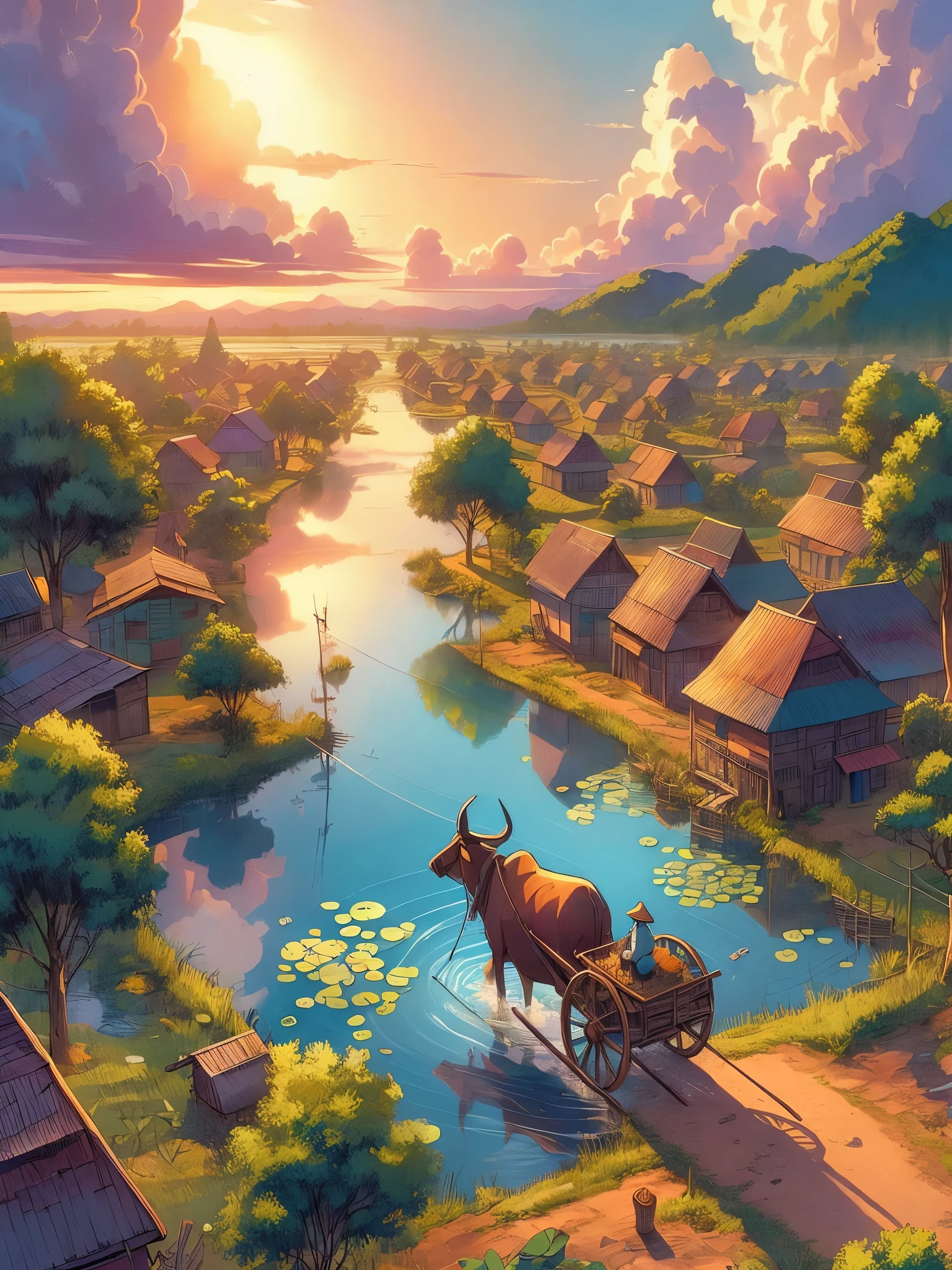 Draw an anime simple top aerial art scene of bullock cart in pond in indian village, trees, shade, clouds, vibrant sky, beautiful color palette, vibrant saturated colors, no human