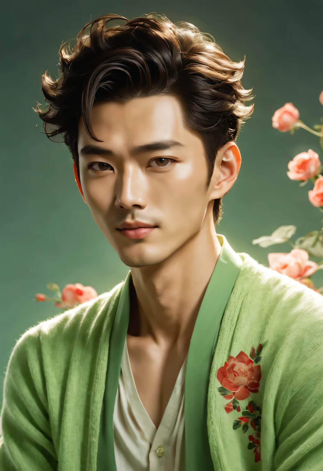 (male character design), Half-length close-up, Staring at the camera,
(Handsome Chinese boy Song Yu looks at the camera), (thick curly short hair: 1.1), (curls), (Wearing a modern and fashionable light green high-end cardigan), Song Yu&#39;s facial features are correct, His face is symmetrical, His eyebrows are long and thick, slightly upward, His eyes were bright and vibrant, Revealing a kind of wisdom and agility, His nose is straight but not prominent, His lips were rosy and full, his lips are slightly upward, His lips were rosy and full,, His smile is bright and natural, His skin is as delicate as rose petals, perfect as a sculpture. Song Yi’s skin is fair and delicate, Smooth as white jade，No wrinkles. Skin exudes a healthy glow, Gives people a fresh and pure feeling. His cheeks flushed slightly, With a hint of astringency and lovely temptation,
HD, high quality, HD Analysis, 32k, Surrealism,
