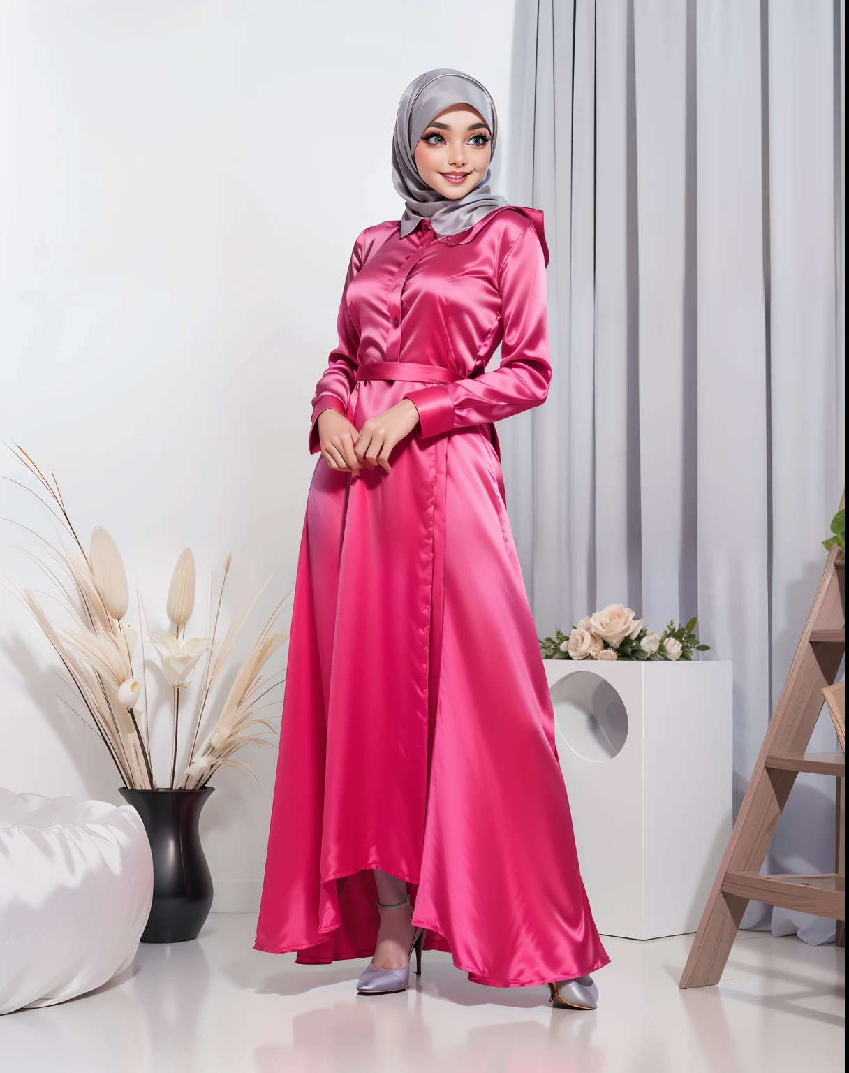 Character Design - a beautiful hijab girl character, beautifully makeup, eyeshadow, Parted Lips, detailed eyes, beautiful big eyes, long eye lashes, smile,. She's dresses (Black satin hijab)), loosely tide hijab style, ((Gray satin shirt)), Black satin long pario. (close up), front views