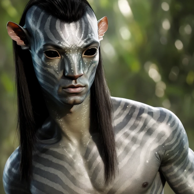 avtr:0.9, avatar style, portrait photo:1.6, man, male, (asian, indonesian, thai), gray skin color:1.0, (gray skin tone:1.3), mohawk hairstyle, (long hair:1.0), black hair color, adult, (35 years old:1), wearing tribal clothing, wearing a loincloth, detailed eyes, toned body, muscled body, glowing, ethereal atmosphere, natural lighting, textured skin, otherworldly beauty, mesmerizing photography, (best quality, highres), vivid colors, ultrarealistic, skin details, striped skin, sfw, face close-up, (eyebrowless:1.0), ultradetailed body