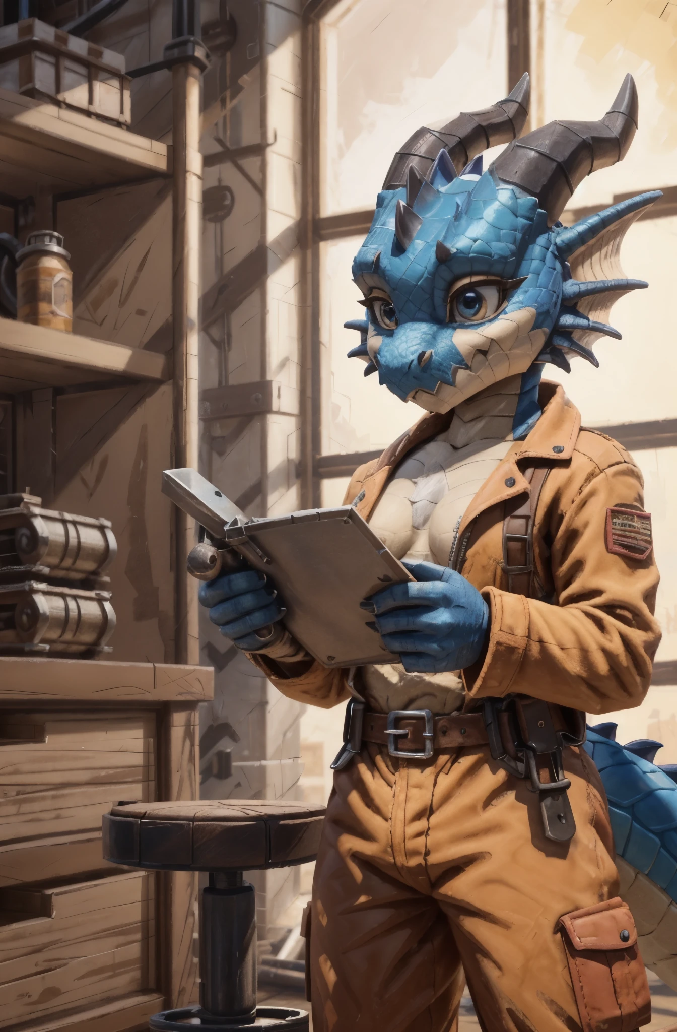 masterpiece, Kobold girl, blue dragon scales, orange jumpsuit, small breasts, belt on a belt, holding a huge wrench in her hands, working on a huge cannon, standing on a high stool, inventive workshop, 4K, Rich textures, Rich color palette