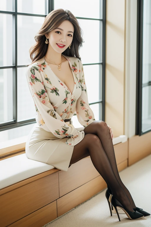 (best quality),(full body portrait),(long thin legs),delicate face,Pretty face, Slender,(Floral blouse、ivory tight skirt)、Offices on high floors、There are large windows、Detailed background、cleavage、adorable，smile，sitting pose，(black pantyhose),high heels、Tiffany's Necklace、Ring-shaped earrings、chain anklet
