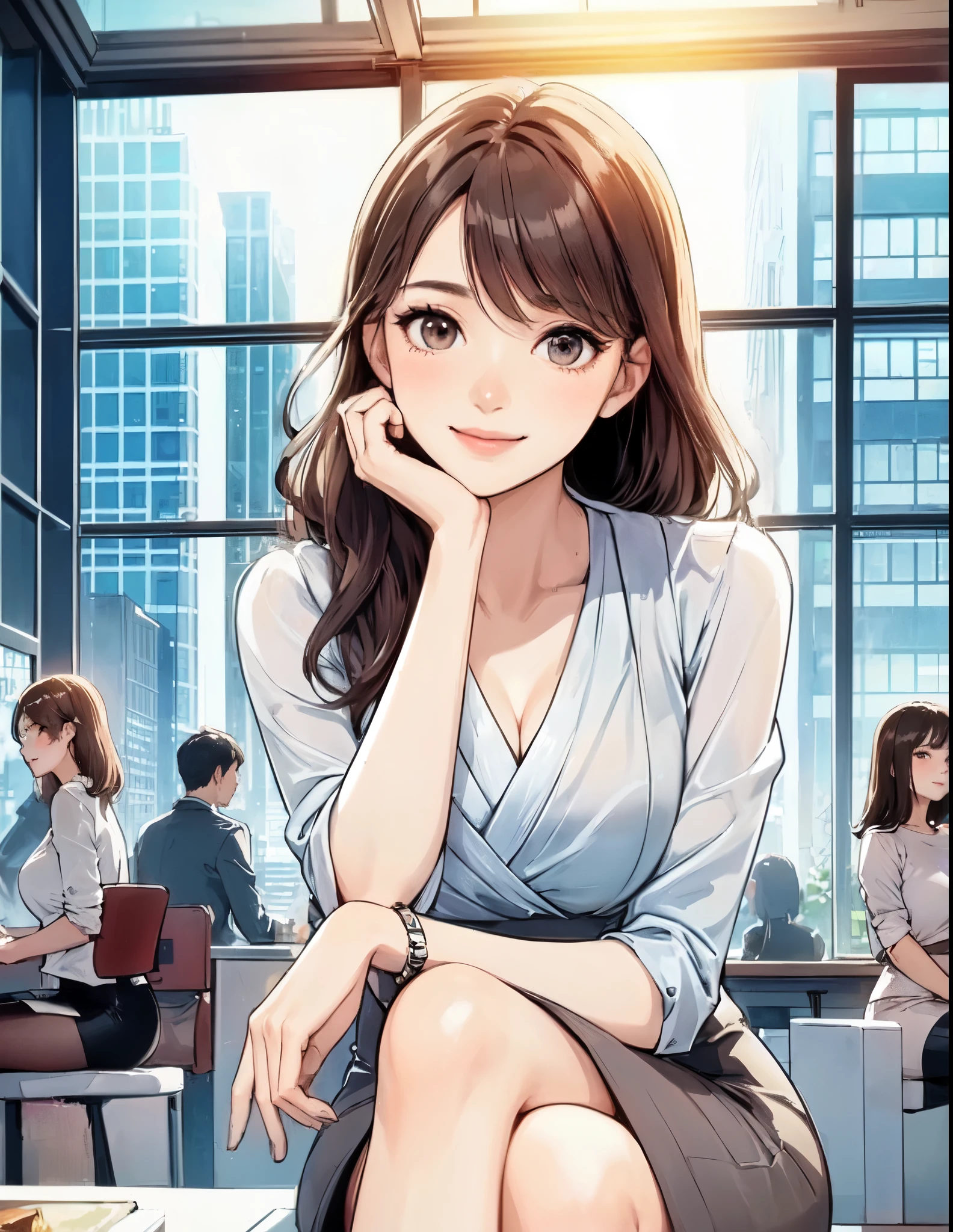 1lady sitting (crossed legs), office worker (stylish outfit), (pencil skirt), mature female, /(dark brown hair/) bangs, blush kind smile, (masterpiece best quality:1.2) delicate illustration ultra-detailed, large breasts BREAK (modern office indoors), window cityscape, detailed background