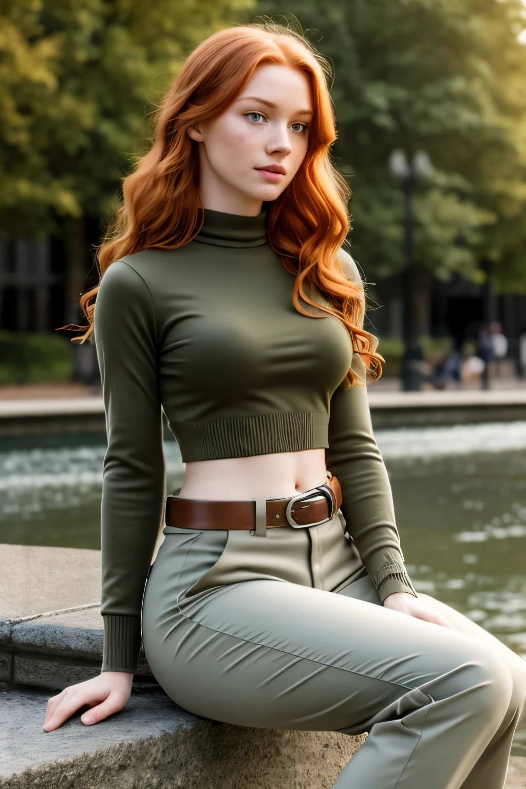 1girl in, age19, Solo, Aesthetic artwork, irish  redhead, wavy ginger hair, shoulder length ginger hair, gray eyes, light grey eyes, some small freckles, pale skin, A-cup, small breasts, runners body, detailed skin texture, sitting on stone bench, by city fountain, downtown, park, (extremely detailed 8k wallpaper), soft lighting, high quality, film grain, Fujifilm XT3 sharp focus, f 5.6, 50mm, High Detail, Sharp focus,(natural light), black long sleeve crop top, light green khaki pants, brown utility belt, Kim possible costume, crazy details, complex details, hyper detailed