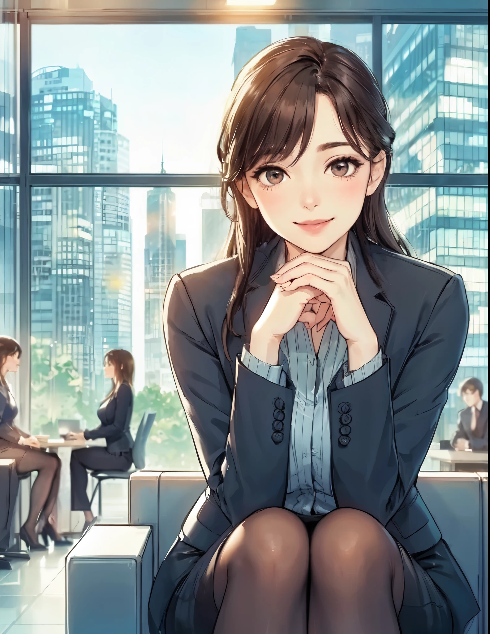 1lady sitting (crossed legs), office worker (stylish outfit), (pencil skirt), mature female, /(dark brown hair/) bangs, blush kind smile, (masterpiece best quality:1.2) delicate illustration ultra-detailed, large breasts BREAK (modern office indoors), window cityscape, detailed background