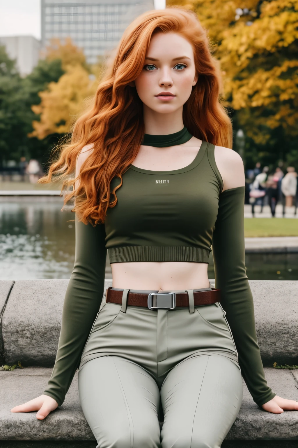 1girl in, age19, Solo, Aesthetic artwork, irish  redhead, wavy ginger hair, shoulder length ginger hair, gray eyes, light grey eyes, some small freckles, pale skin, A-cup, small breasts, runners body, detailed skin texture, sitting on stone bench, by city fountain, downtown, park, (extremely detailed 8k wallpaper), soft lighting, high quality, film grain, Fujifilm XT3 sharp focus, f 5.6, 50mm, High Detail, Sharp focus,(natural light), black long sleeve crop top, light green khaki pants, brown utility belt, Kim possible costume, crazy details, complex details, hyper detailed