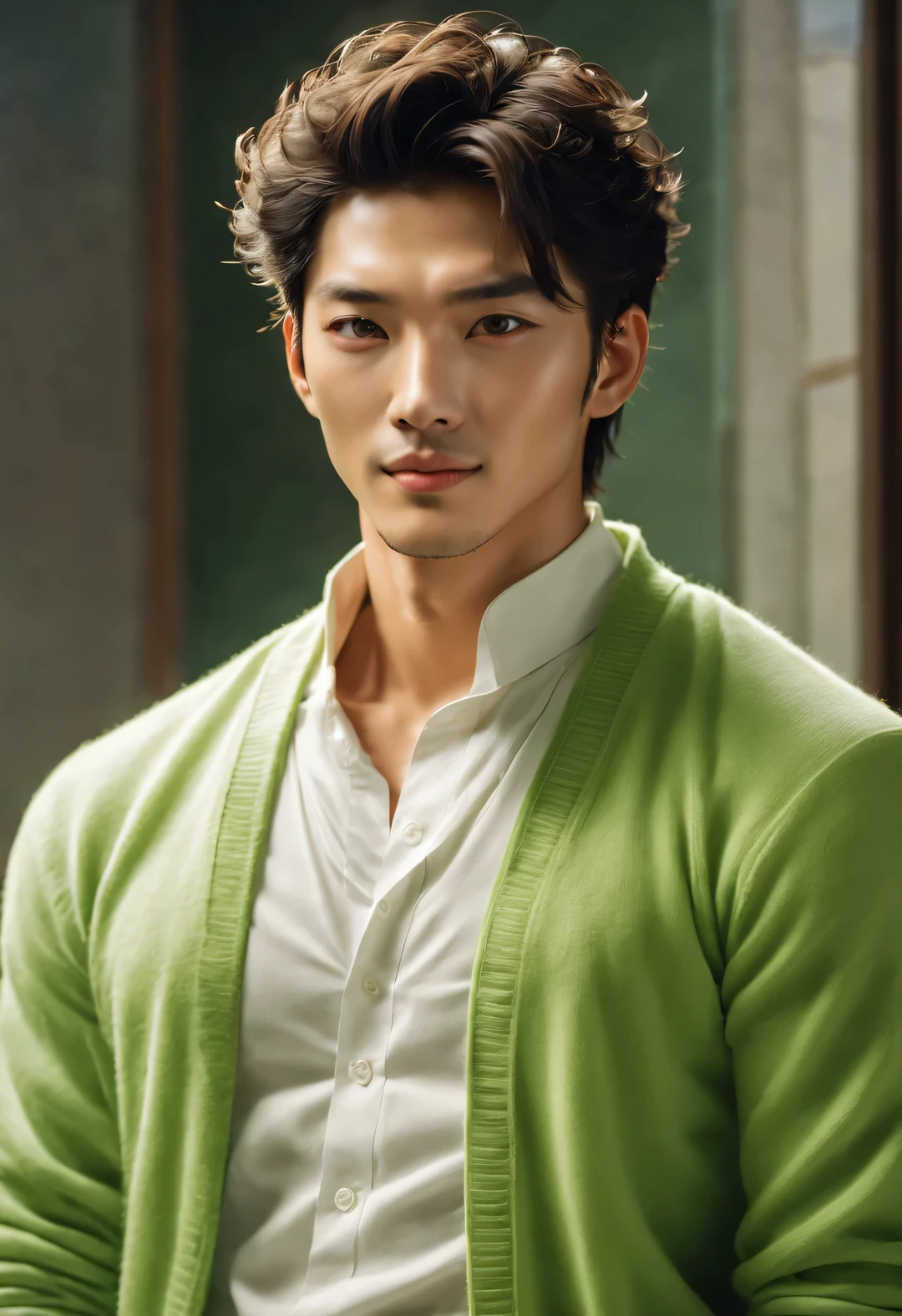 (male character design), Half-length close-up, Staring at the camera,
(Handsome Chinese boy Song Yu looks at the camera), (thick curly short hair: 1.1), (curls), (Wearing a modern and fashionable light green high-end cardigan), Song Yu's facial features are correct, His face is symmetrical, His eyebrows are long and thick, slightly raised, His eyes were bright and vibrant, Revealing a kind of wisdom and agility, His nose was straight,Does not protrude, (His lips were rosy and full, Slightly upturned lips are red and plump, Sexy), His smile is bright and natural, perfect as a sculpture. Song Yi’s skin is fair and delicate, Smooth as white jade,No wrinkles. Skin radiates health、radiant feeling, Gives people a fresh and pure feeling. His cheeks flushed slightly, Revealing a hint of astringency and cuteness. HD, high quality, HD分析, 32k, Surrealism,