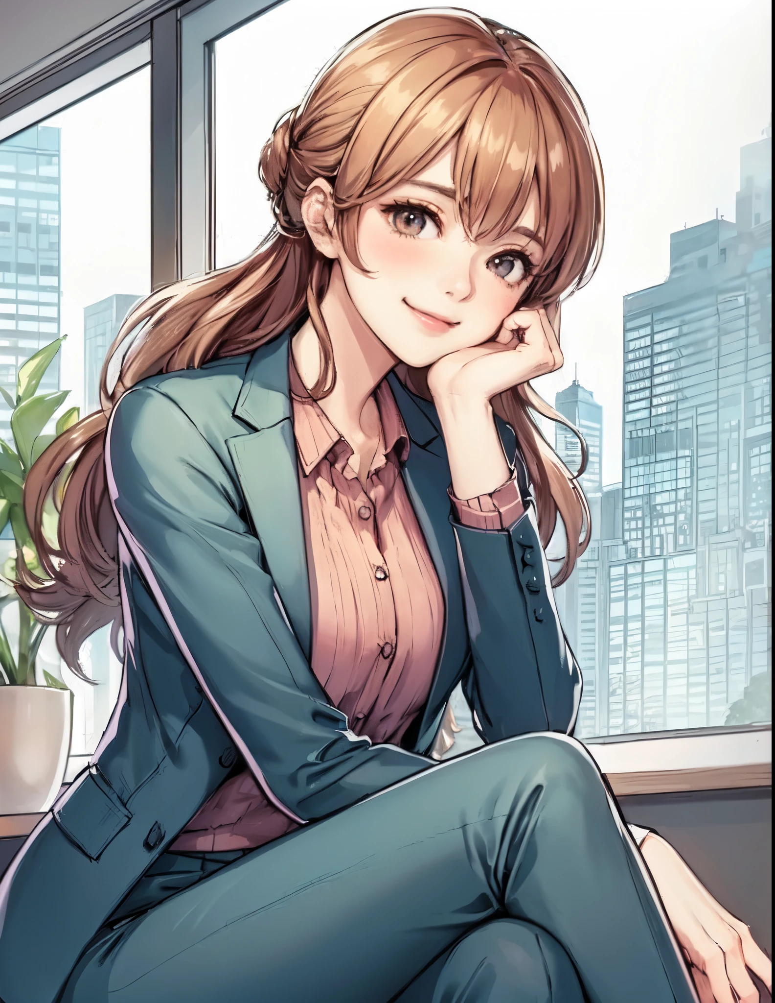 1lady sitting (crossed legs), office worker (stylish outfit), mature female, /(light brown hair/) bangs, blush kind smile, (masterpiece best quality:1.2) delicate illustration ultra-detailed, large breasts BREAK (modern office indoors), window cityscape, detailed background