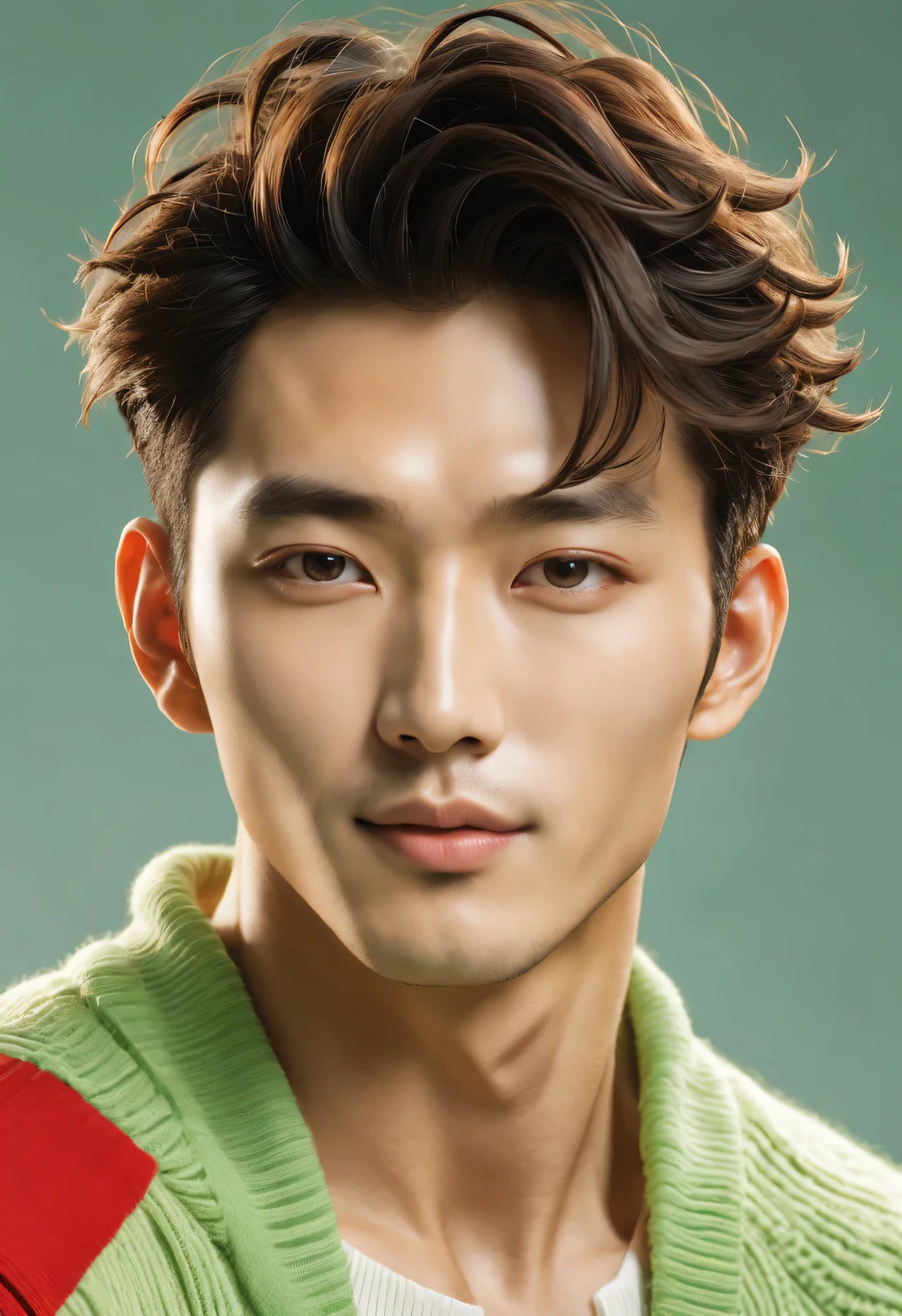 (male character design), Half-length close-up, Staring at the camera,
(Handsome Chinese boy Song Yu looks at the camera), (thick curly short hair: 1.1), (curls), (Wearing a modern and fashionable light green high-end cardigan), Song Yu's facial features are correct, His face is symmetrical, His eyebrows are long and thick, slightly raised, His eyes were bright and vibrant, Revealing a kind of wisdom and agility, His nose was straight,Does not protrude, (His lips were rosy and full, Slightly upturned lips are red and plump, Sexy), His smile is bright and natural, perfect as a sculpture. Song Yi’s skin is fair and delicate, Smooth as white jade,No wrinkles. Skin radiates health、radiant feeling, Gives people a fresh and pure feeling. His cheeks flushed slightly, Revealing a hint of astringency and cuteness. HD, high quality, HD分析, 32k, Surrealism,