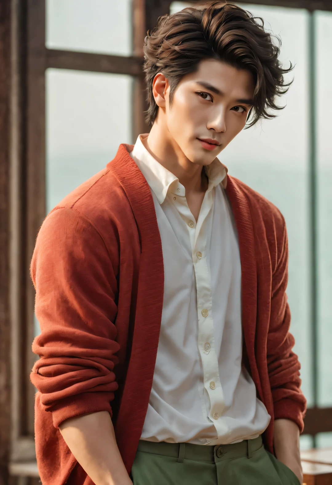 (male character design), Half-length close-up, Staring at the camera,
(Handsome Chinese boy Song Yu looks at the camera), (thick curly short hair: 1.1), (curls), (Wearing a modern and fashionable light green high-end cardigan), Song Yu&#39;s facial features are correct, His face is symmetrical, His eyebrows are long and thick, slightly raised, His eyes were bright and vibrant, Revealing a kind of wisdom and agility, His nose was straight，Does not protrude, (His lips were rosy and full, Slightly upturned lips are red and plump, Sexy), His smile is bright and natural, perfect as a sculpture. Song Yi’s skin is fair and delicate, Smooth as white jade，No wrinkles. Skin radiates health、radiant feeling, Gives people a fresh and pure feeling. His cheeks flushed slightly, Revealing a hint of astringency and cuteness. HD, high quality, HD分析, 32k, Surrealism,