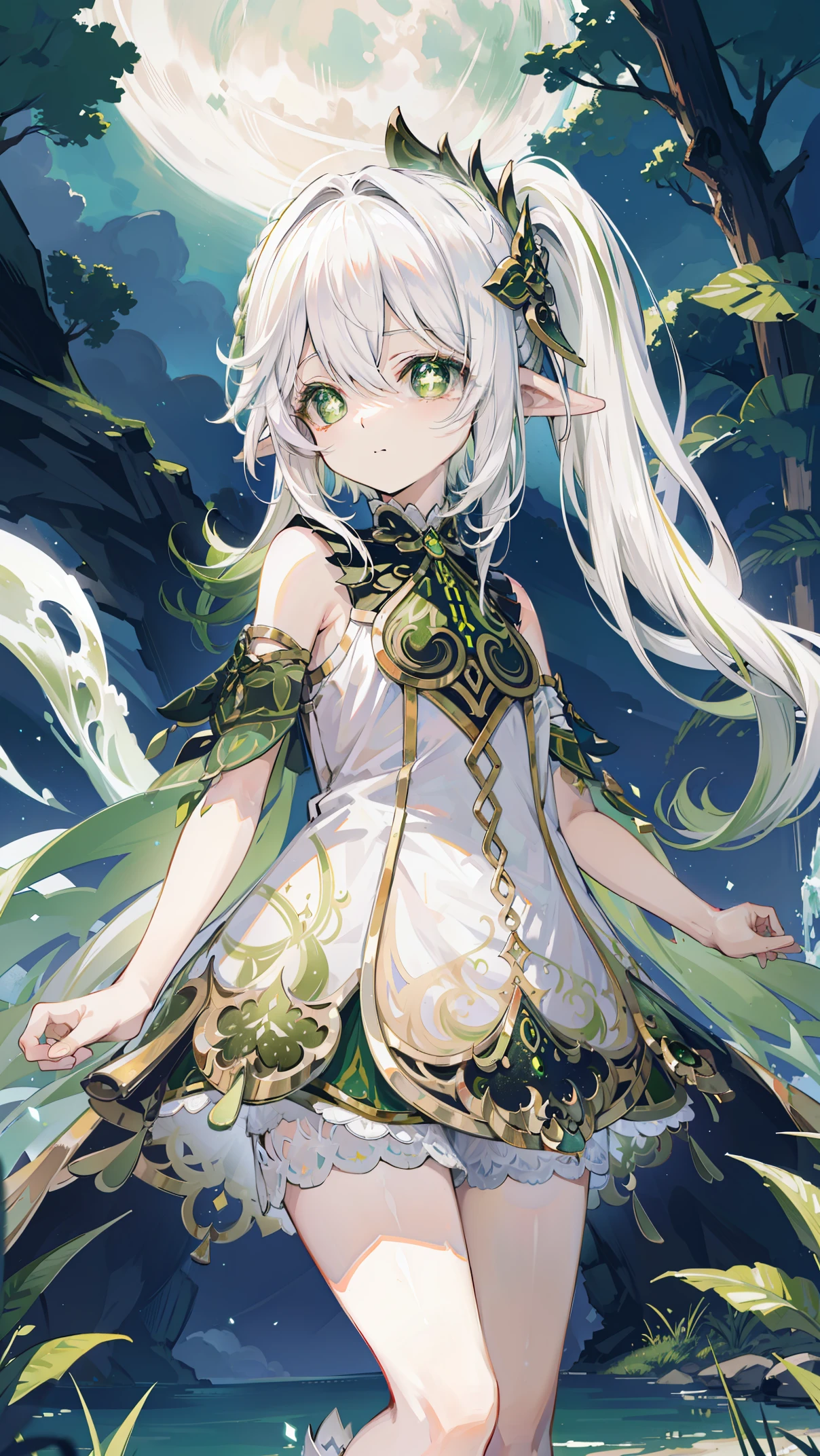 nahida_Genshin,(white hair),cross-shaped pupils,default_skirt,Green cloak,simple background,moon,The breath of life,green,grassland,The breath of life,Gentle yet powerful divinity,There is a sense of majesty