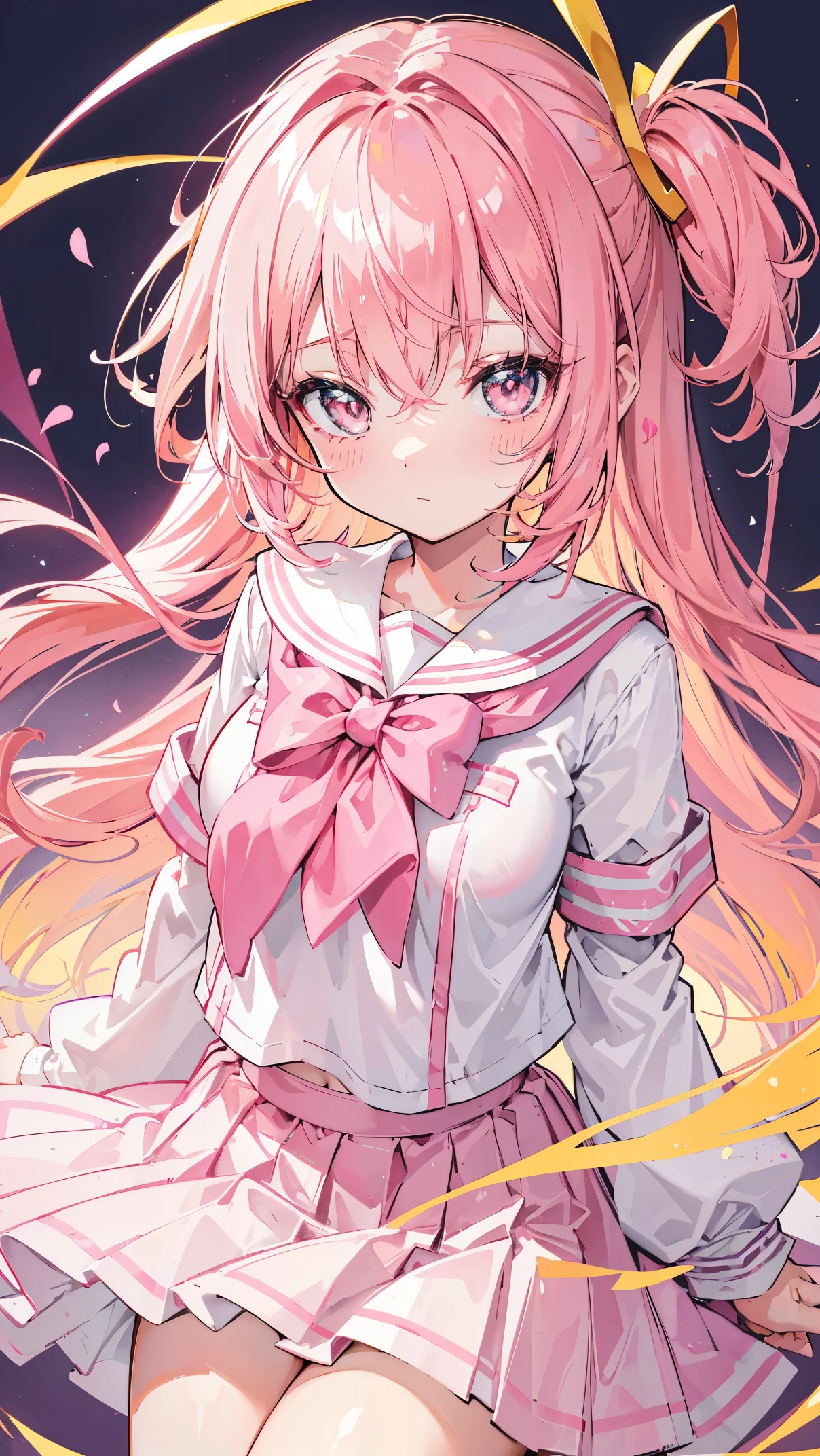 Glowing light pink,hair and pupils,pink school uniform, and white,Sweet li girl,The whole thing is shiny