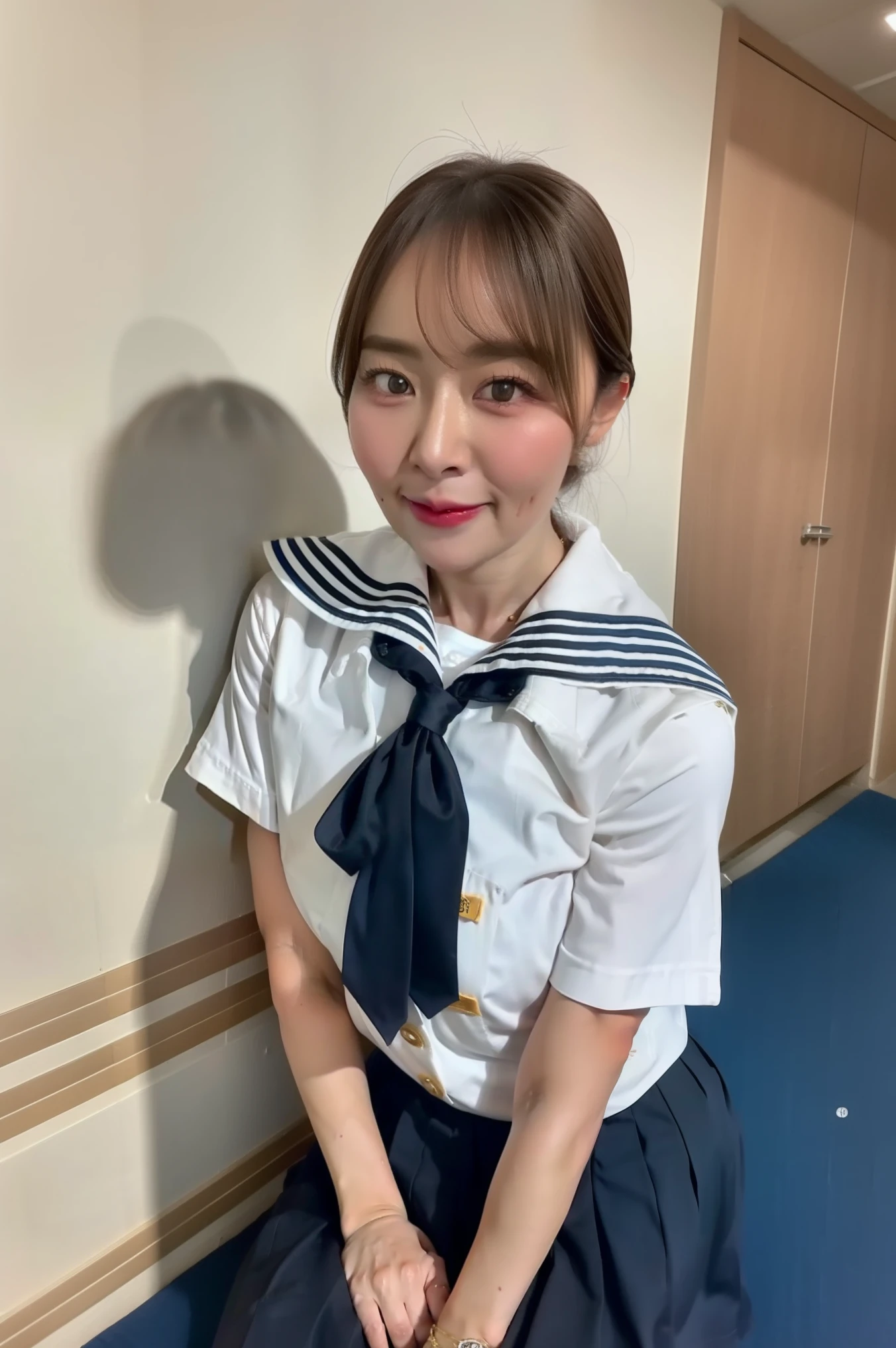 master piece,ultra-detailliert,Ultra High Resolution,8K,Best Quality,Realism,japanes、a beauty girl、Anatomically correct of the human body、The best lighting、Realistic skin type、Natural look、ssmile、Beautuful Women、kawaii、perfect body type、Soio、Photos from the best angles、Wearing square glasses、Japan schoolgirl in sailor suit、Being at school、sitting on、
