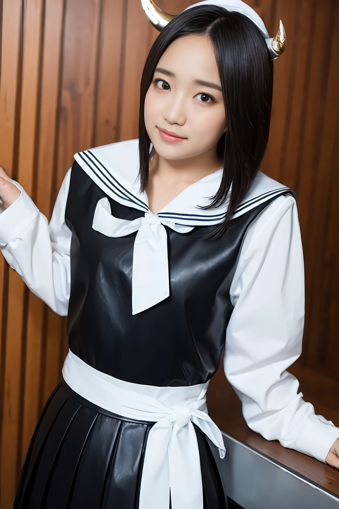 (masterpiece,top-quality,超A high resolution),A Japanese Lady、Cute as an angel、Kawaii Girl、View photographer、Front view, hyper cute face, Glossy lips, Double eyelids in both eyes, Natural makeup, long eyelashes, shiny and smooth hair, central image, Perfect limbs, Perfect Anatomy、(((Black leather sailor suit、Black Leather Pleated Skirt))),(Black pantyhose), (((Very beautiful girl)))、(((Silver long hair)))、(((Giant Devil's Horn))), nsfw,