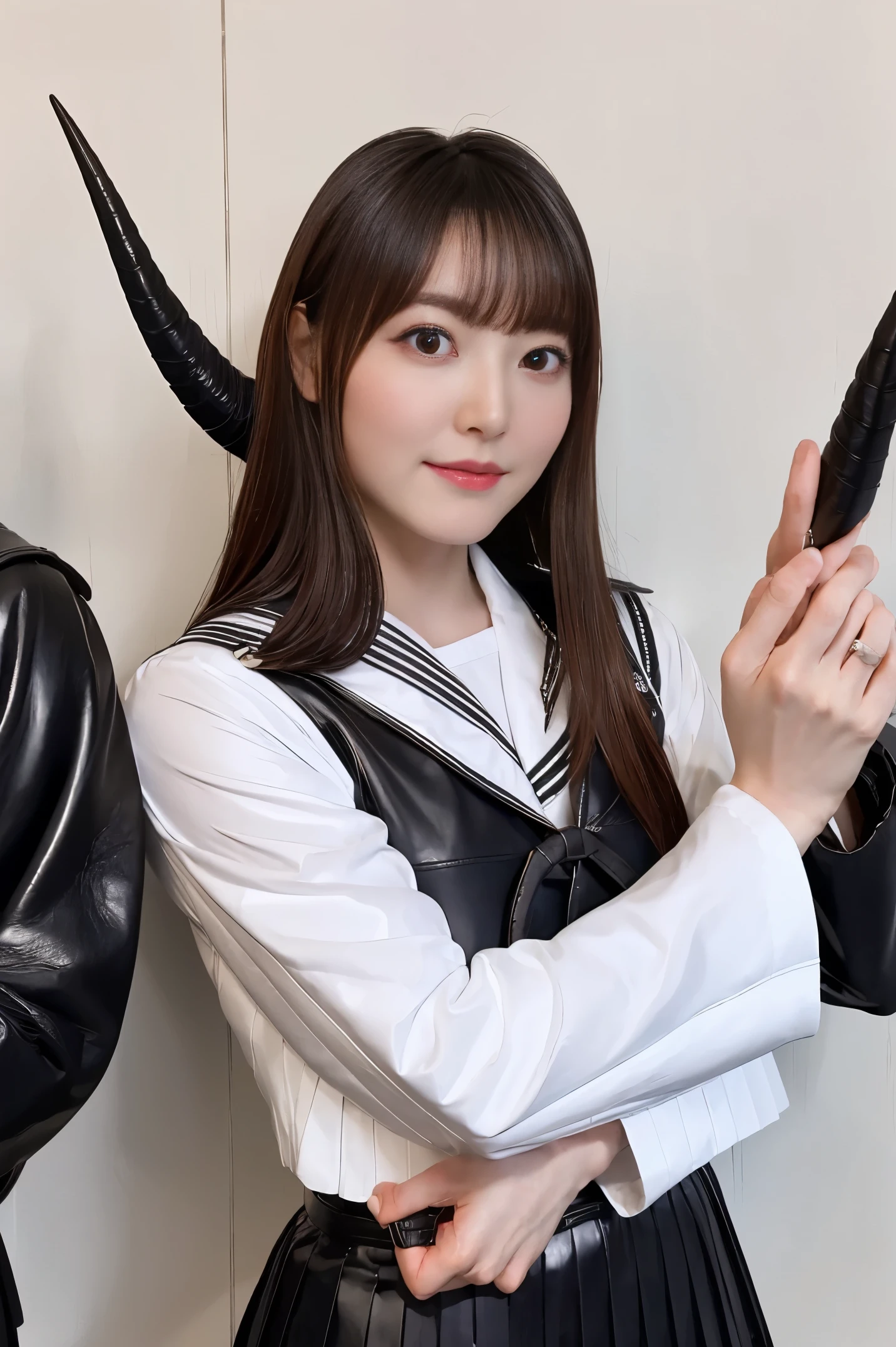 (​masterpiece,top-quality,超A high resolution),A Japanese Lady、Cute as an angel、Kawaii Girl、View photographer､Front view, hyper cute face, Glossy lips, Double eyelids in both eyes, Natural makeup, long eyelashes, shiny and smooth hair, central image,  Perfect limbs, Perfect Anatomy、(((Black leather sailor suit、Black Leather Pleated Skirt))),(Black pantyhose), (((Very beautiful 12 year old girl)))、(((Silver long hair)))､(((Giant Devil's Horn))), nsfw, 