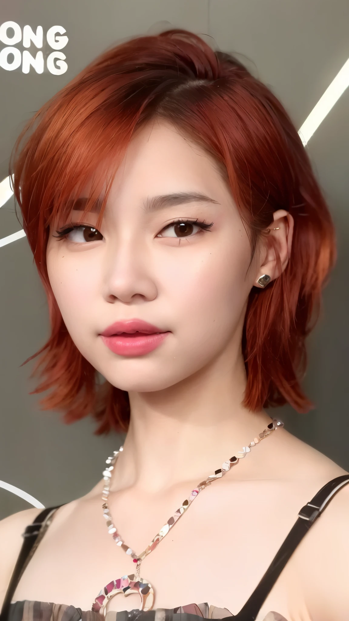 a close up of a woman with a necklace and a necklace, sun yunjoo, portrait of jossi of blackpink, portrait of kpop idol, kim doyoung, portrait jisoo blackpink, portrait of female korean idol, park ji-min, roseanne park of blackpink, jinyoung shin, popular korean makeup, with short hair, heonhwa choe, popular south korean makeup