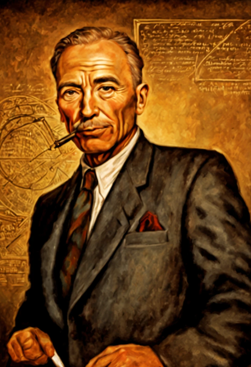 best quality,portrait's painting style,ultra-detailed,realistic colors,high-res, Robert Oppenheimer,eminent physicist,detailed face and expression,serious gaze,T-shaped glasses,beard and mustache,shadowy lighting, 1940s attire,tweed jacket and bow tie,background with scientific symbols and equations,vibrant and contrasted colors, oil painting effect,meticulous brushstrokes,aged canvas texture, intense and dramatic atmosphere,captures the complexity of Oppenheimer's character and contributions to the atomic bomb, inspires sadness and reflection, visible drawing lines, black formal suit, upper body shot. blackboard on the background